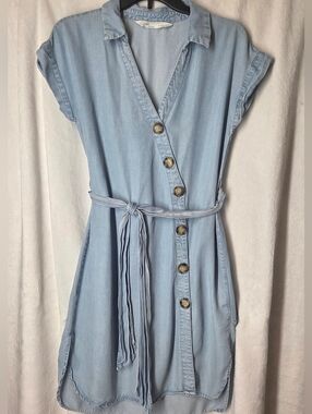 ZARA Light Blue Denim Mini Shirt Dress with Tie Belt Womens XS